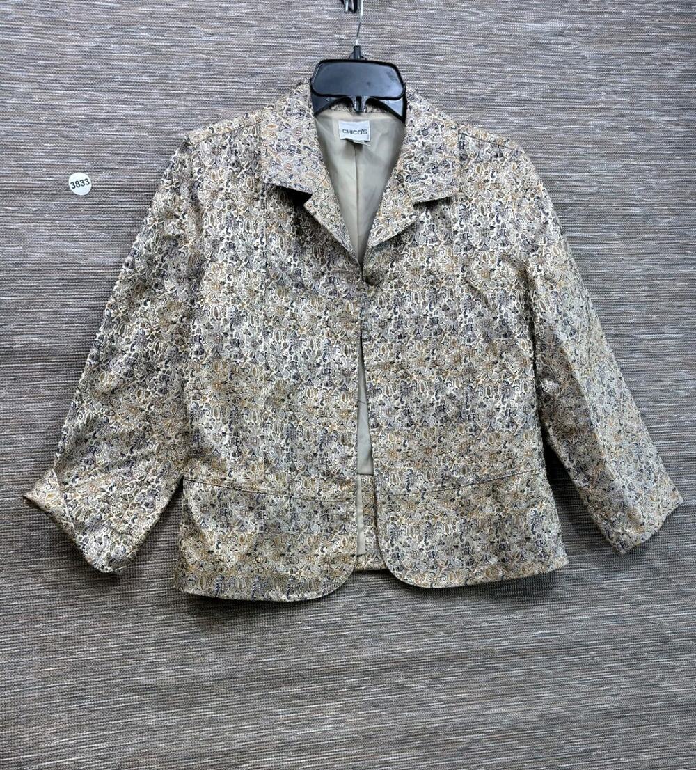 Chico's Womens Jacket Sz 1 US 8 Shiny Beige Blue Button Long Sleeve Embroidery